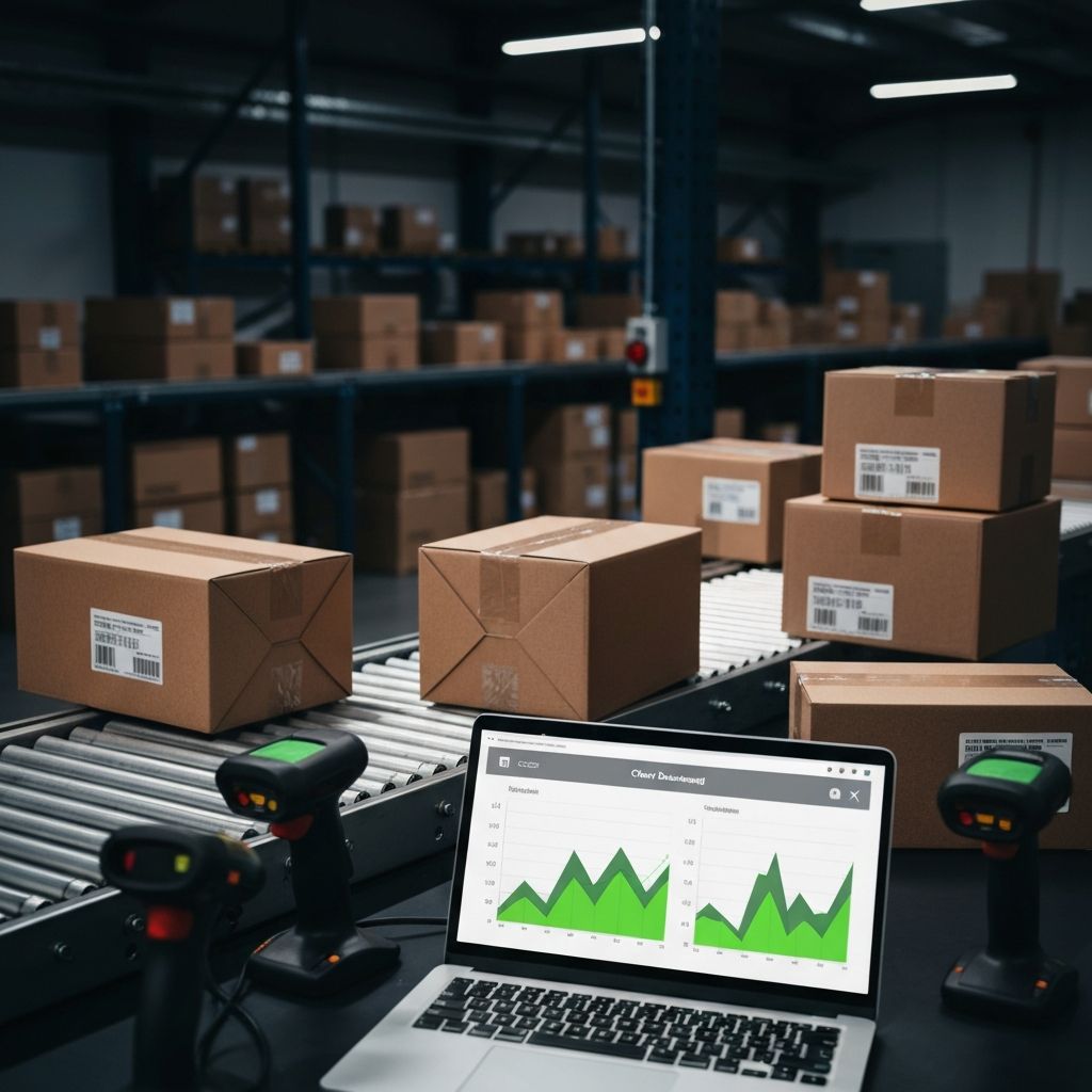 E-commerce logistics warehouse with packages and order tracking dashboard